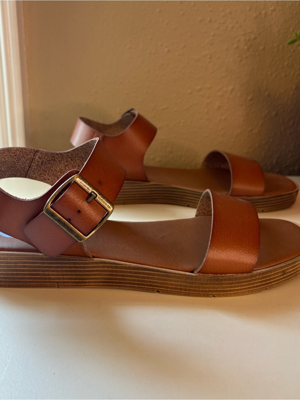 Women’s Brown Two-Strap Buckle Sandals